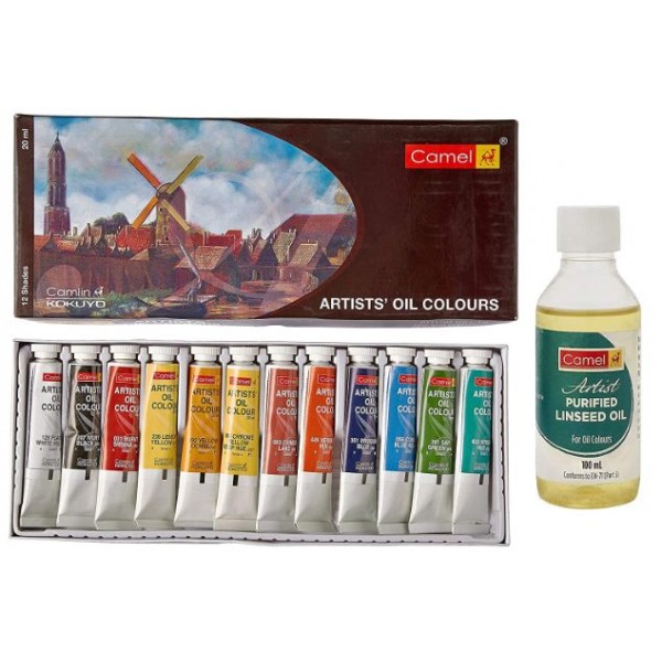 Camlin Artist's Oil Color Box - 20ml Tubes, 12 Shades with Camel Artist Purified Linseed Oil for Oil Color, 100ml (Yellow)