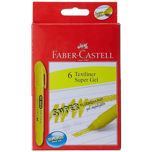 FABER CASTELL GEL TEXTLINER PEN - GREEN / ORANGE / PINK / YELLOW PACK OF 6