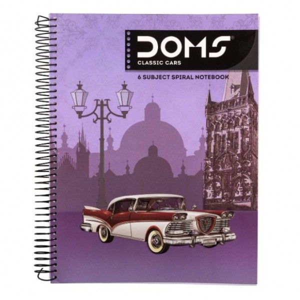 DOMS 6 Subject Spiral Note Books (Classic Cars Series) 70 Gsm Paper 300 Pages, A4 Size