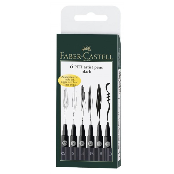 Faber-Castell Pitt Artist Pen Set Of 6 Pitt Pens Black (XS,S,F,M,B,C)