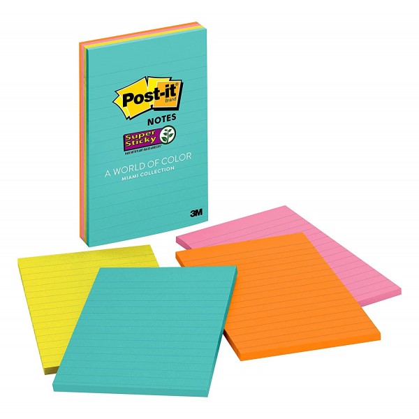 Post-it Super Sticky Notes, 4" x 6", Miami Collection, 4 Pads per Pack, 45 Sheets per Pad, Lined (4621-SSMIA)