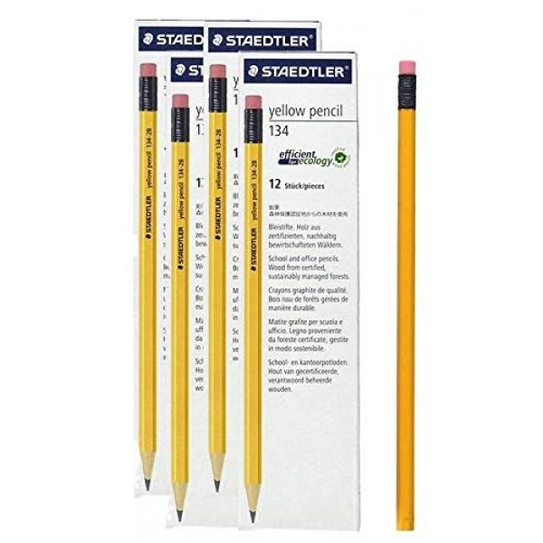 Staedtler 134-HB Yellow Pencil with Eraser Tip - Pack of 48