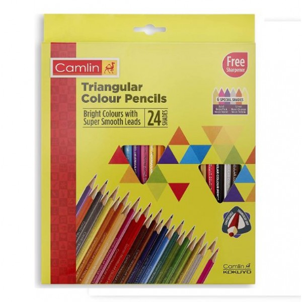 Camlin Triangular Colour Pencil Set with Sharpener - Pack of 24 (Multicolour)