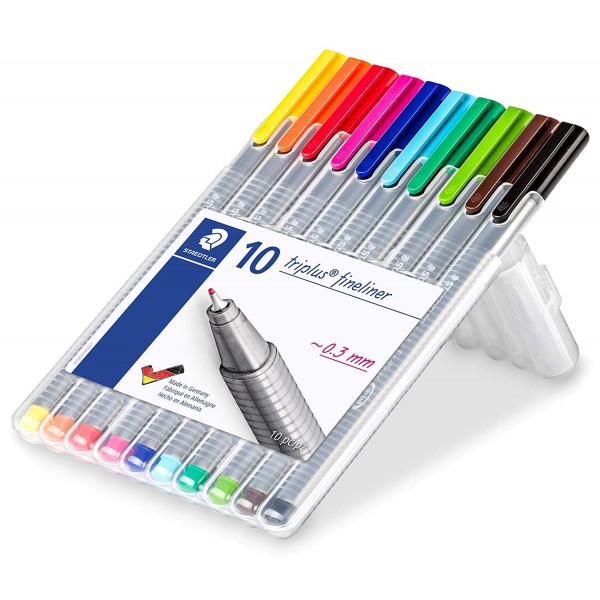 Staedtler 334 SB10 Triplus Fineliner Tip Pen in Staedtler Box - Pack of 10 (Multicolor)